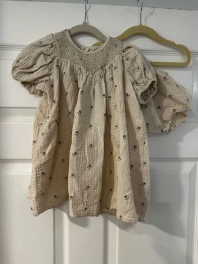 Quincy Mae Cream Baby Dress with Tiny Purple Floral Accents and Bloomers
